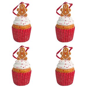4x Urban Gingerbread Cupcakes Hanging Decoration 8cm Red/White Assorted