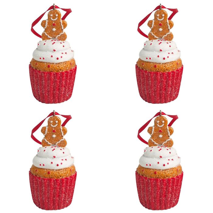 4x Urban Gingerbread Cupcakes Hanging Decoration 8cm Red/White Assorted