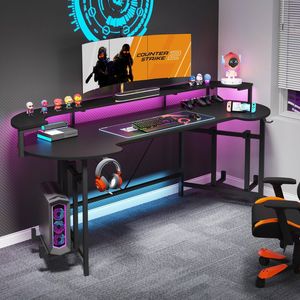 OAKORY 190cm RGB U Shaped Gaming Desk with Monitor Stand CPU Shelves and Headphone Hooks