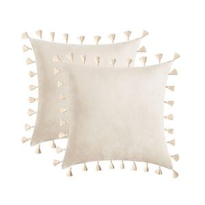 Catzon 2 Pcs Boho Velvet Throw Pillow Covers with Tassels for Couch Bed 45X45cm-White