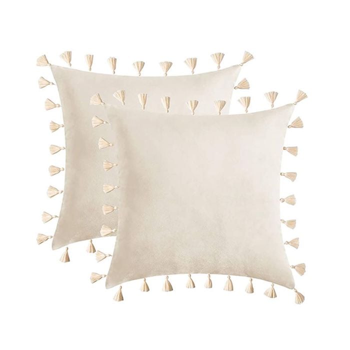 Catzon 2 Pcs Boho Velvet Throw Pillow Covers with Tassels for Couch Bed 45X45cm-White
