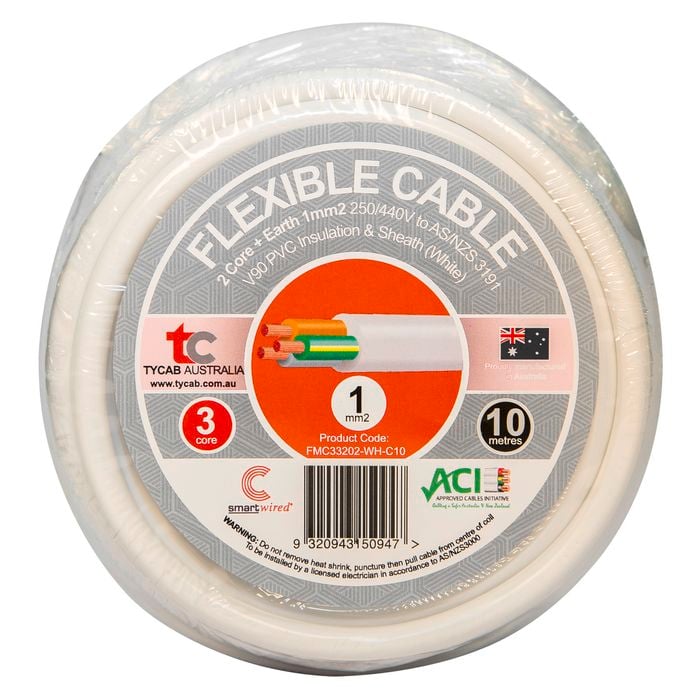 Tycab Cables 1mm² x 10m White 2 Core And Earth V90 Flexible Cable