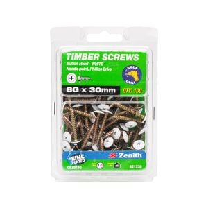 Zenith 8G x 30mm Zinc Plated Needle Point White Button Head Timber Screw - 100 Pack