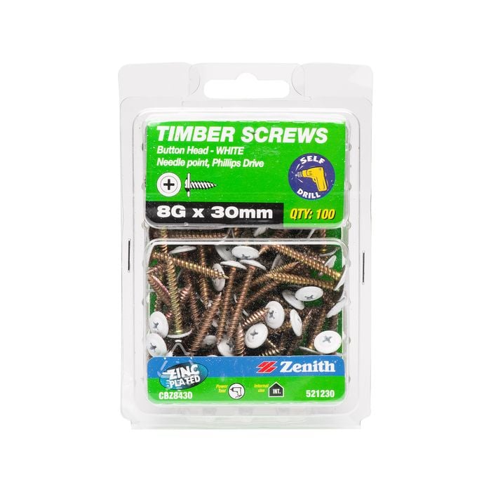 Zenith 8G x 30mm Zinc Plated Needle Point White Button Head Timber Screw - 100 Pack