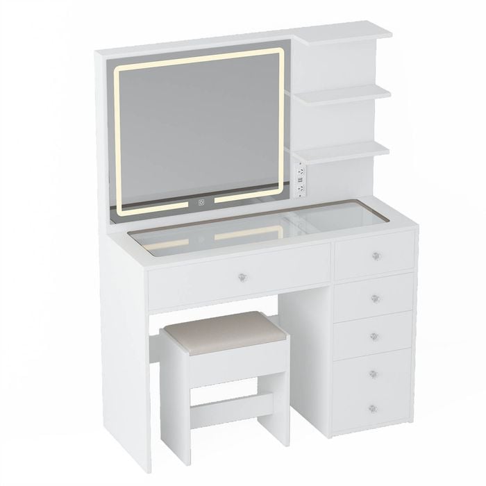 Ufurniture Dressing Table Stool Set Mirror And Led Light, Charging Station, Glass Tabletop, White