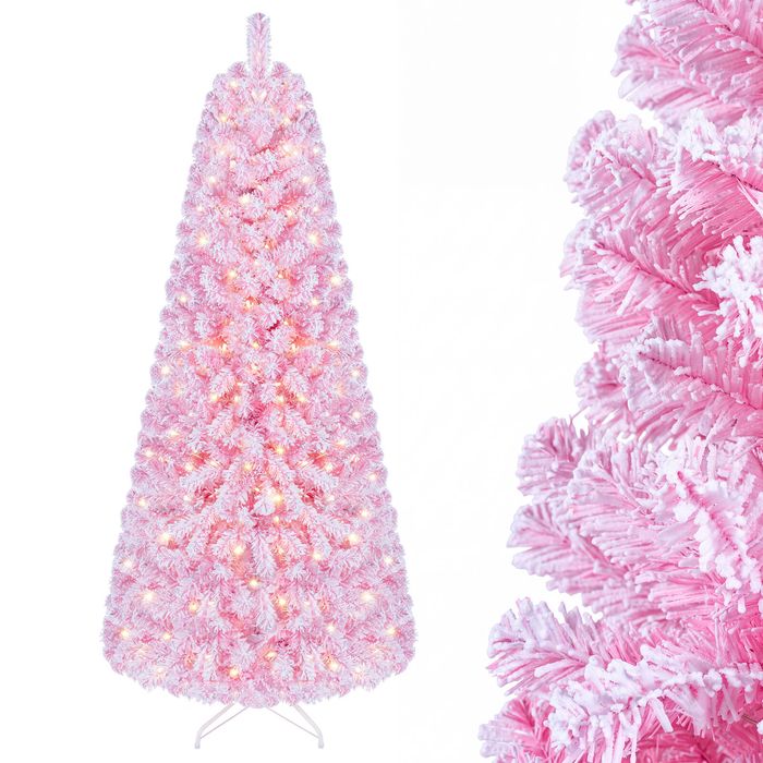Costway 180cm Flocked Fir Christmas Tree Artificial Xmas Tree w/570 Full Branch Tips 220 LEDs-Pink