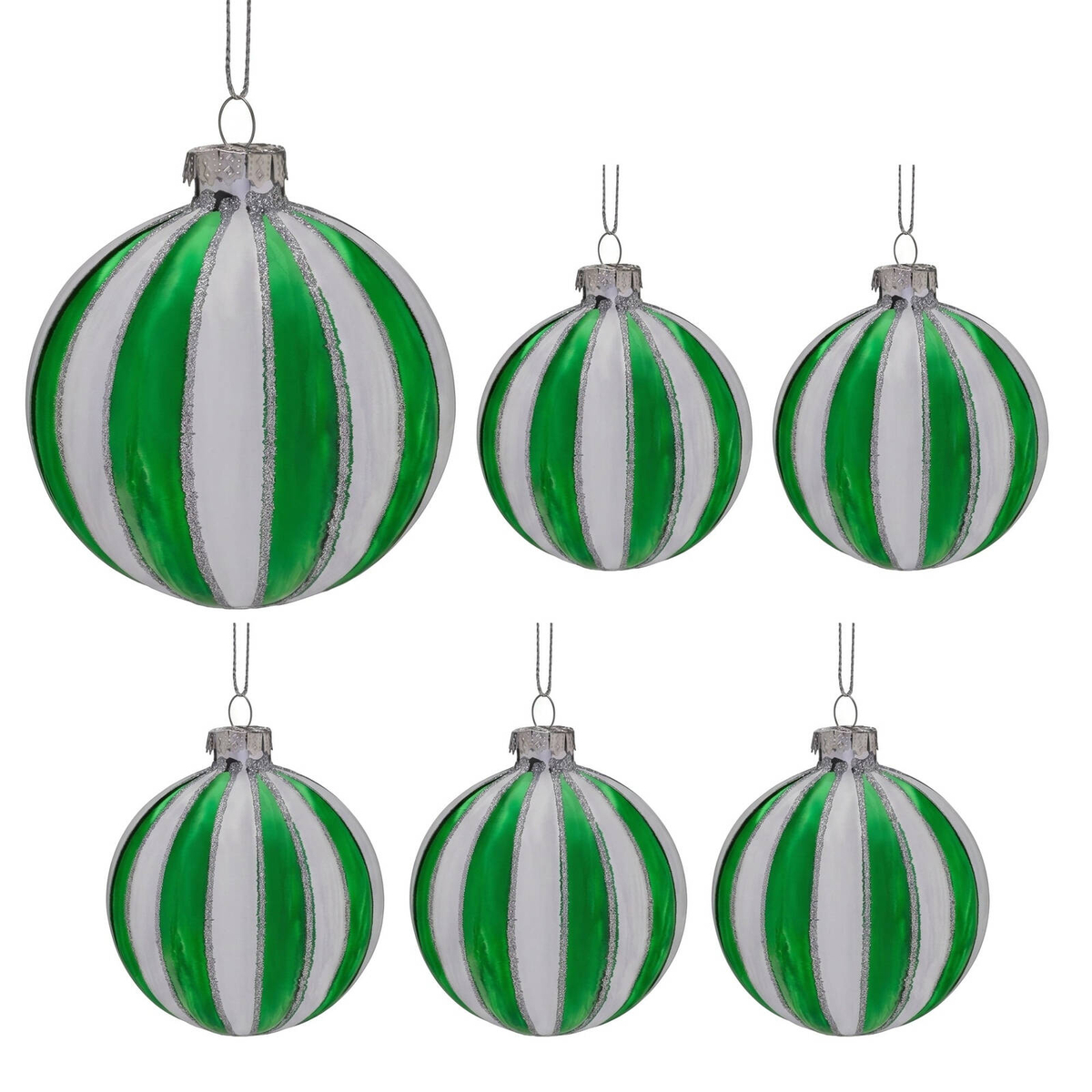 Christabelle 6 Green White Glass Christmas Baubles Striped 8cm Xmas ...