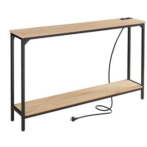 2 Tier Console Table with Power Outlets and USB Ports, Oak