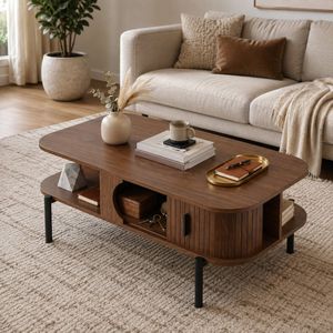 Homfurn Coffee Table With Storage Shelves, Multifunctional Side Cabinet, Fluted Panel, Walnut