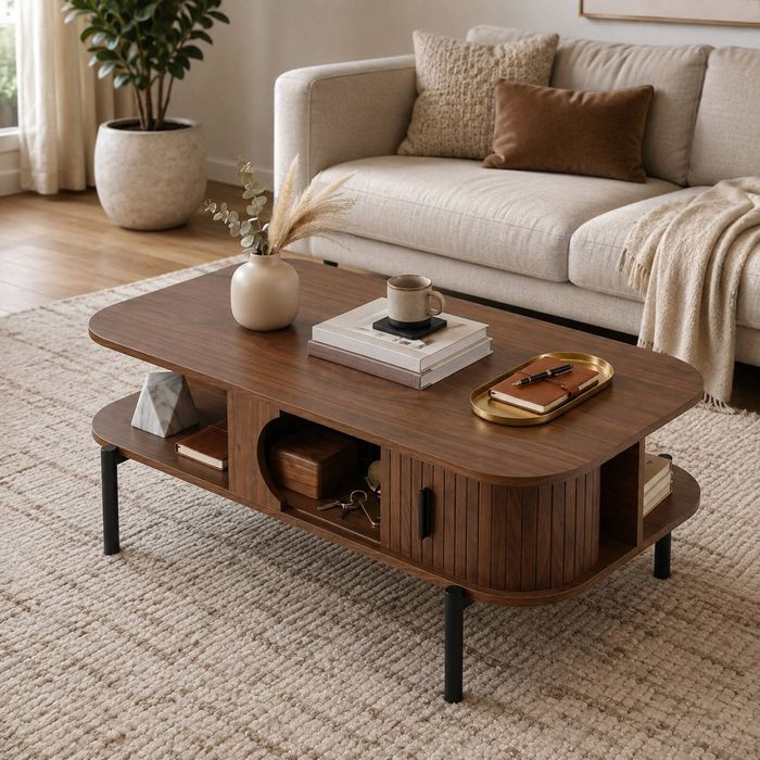 Homfurn Coffee Table With Storage Shelves, Multifunctional Side Cabinet, Fluted Panel, Walnut