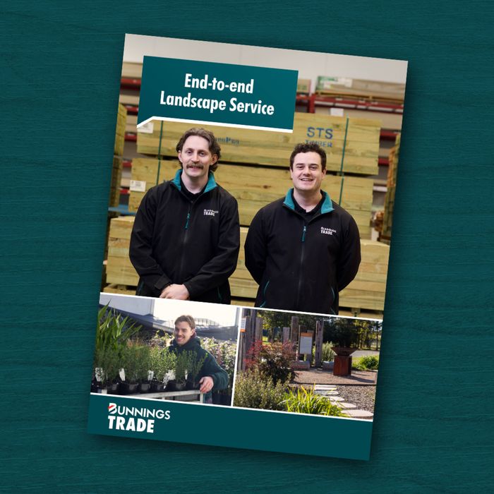 Bunnings Trade End-to-end Landscape Service brochure featuring two team members, landscaping plants and a completed outdoor garden.