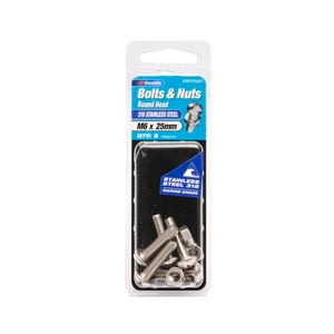 Zenith Bolt & Nut Round M 6x 25mm SS316 5pk
