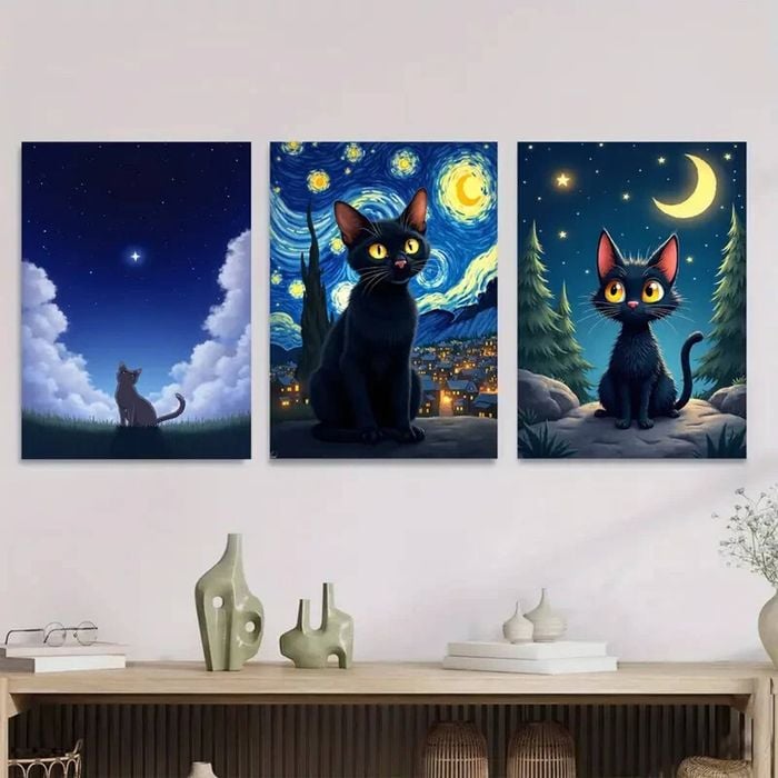 3pcs Starry Night Cat Vibrant Black Cat & Night Print 100% Australian Made 3 x 40x60cm (Metal Print)