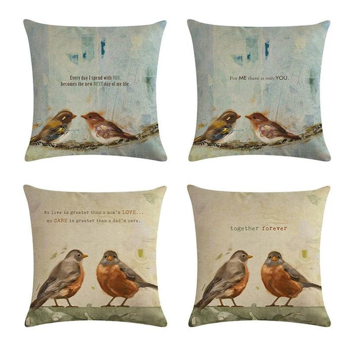 Catzon 4 Pcs Birds Throw Pillow Covers Square Linen Pillowcase for Couch