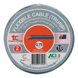 Tycab Cables 0.75mm² x 10m Black 2 Core V90 Flexi Cable