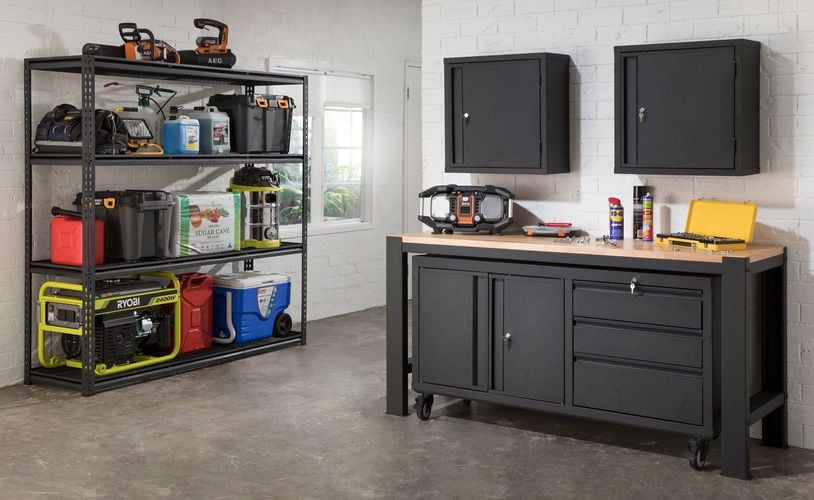 Garage featuring the Pinnacle modular series and heavy duty shelf.