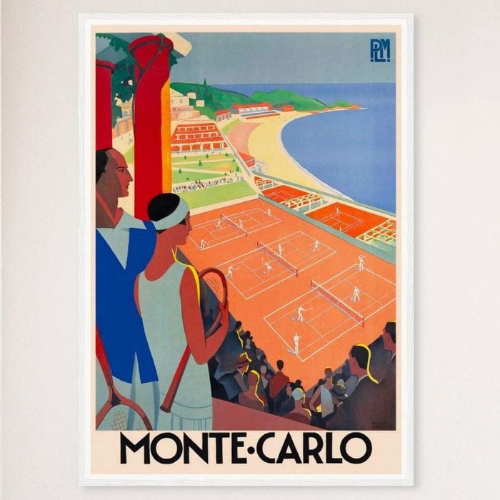 Galrie Monte Carlo Vintage Tennis Travel Poster - Perfect Wall Art for Any Space, White Frame, A0 84 x 119cm (33 x 47inch)