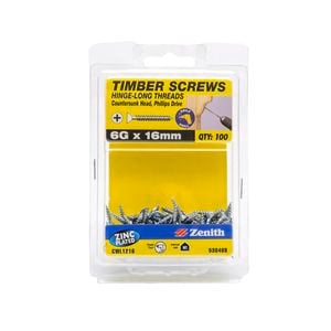Zenith 6g x 16mm Zinc Plated Hinge-Long Thread Timber Screws - 100 Pack