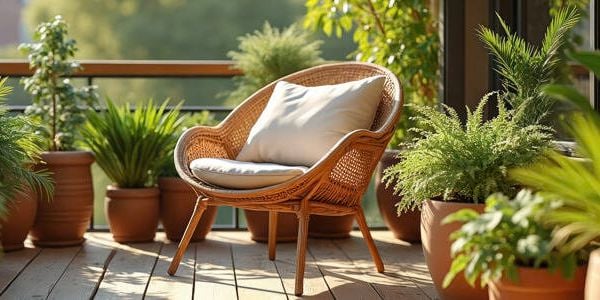 A cozy balcony garden with a wicker chair and cushion surrounded by terracotta pots filled with lush green plants and ferns.