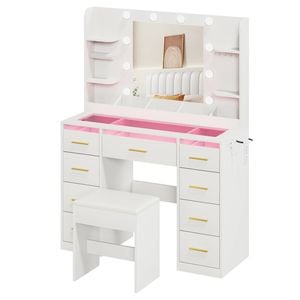 Ufurniture Dressing Table with Glass Top and LED Make Up Vanity with Mirror Power Outlet 9 Drawers and 4 Shelving White