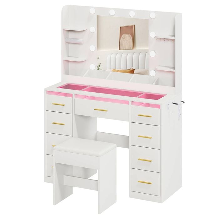 Ufurniture Dressing Table with Glass Top and LED Make Up Vanity with Mirror Power Outlet 9 Drawers and 4 Shelving White