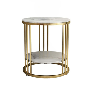 P&P Gold Round Side Table With Double Marble Shelves & Rod Frame