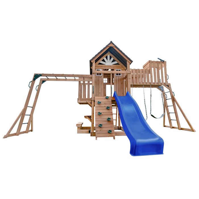 Lifespan Kids Kensington Swing Set Cubby Play Centre With 2.2m Blue Slide