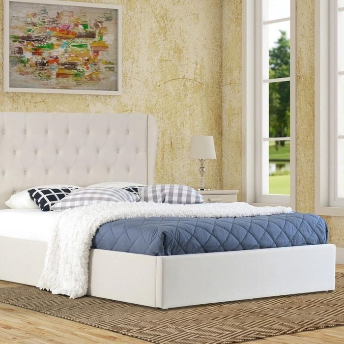 Istyle Wimbledon Queen Gas Lift Ottoman Storage Bed Frame Fabric Beige