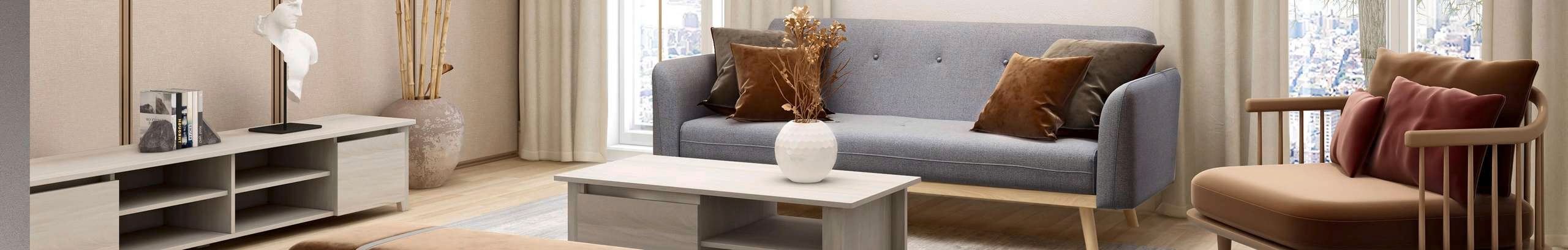 Living room with couches, coffee table and modern pendant light.