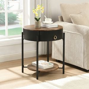 Homfurn Rustic Brown Round End Table With Drawer And Storage Shelf, Modern Nightstand With Black Metal Frame