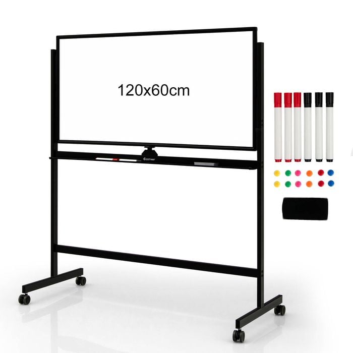 Costway 120x60cm Magnetic Whiteboard Double-Side Adjustable Boards w/Magnets & Markers & Eraser Black