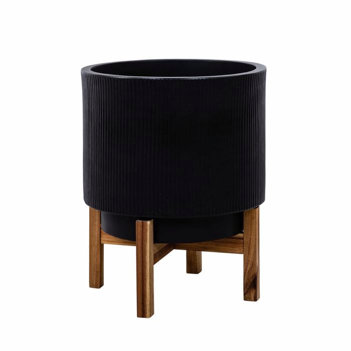 34 x 43cm Black Large Indoor Ceramic Pot with Stand