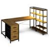 Advwin U Shaped Gaming Desk with LED Lights & Power Outlets Reversible 164cm Computer Desk with Bookshelf and 3 Drawers Walnut
