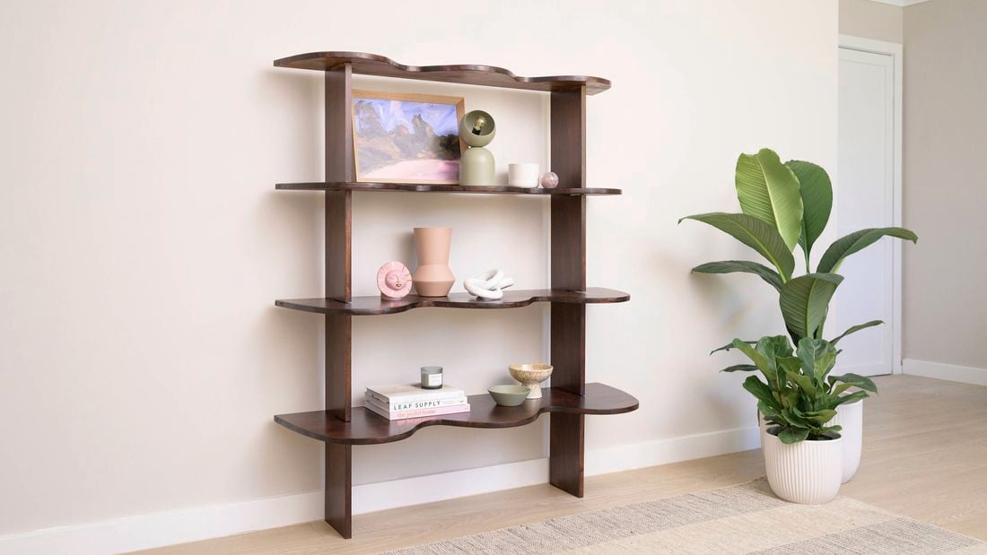 A dark wavy bookshelf holding books and decorations stands beside a tall potted plant.