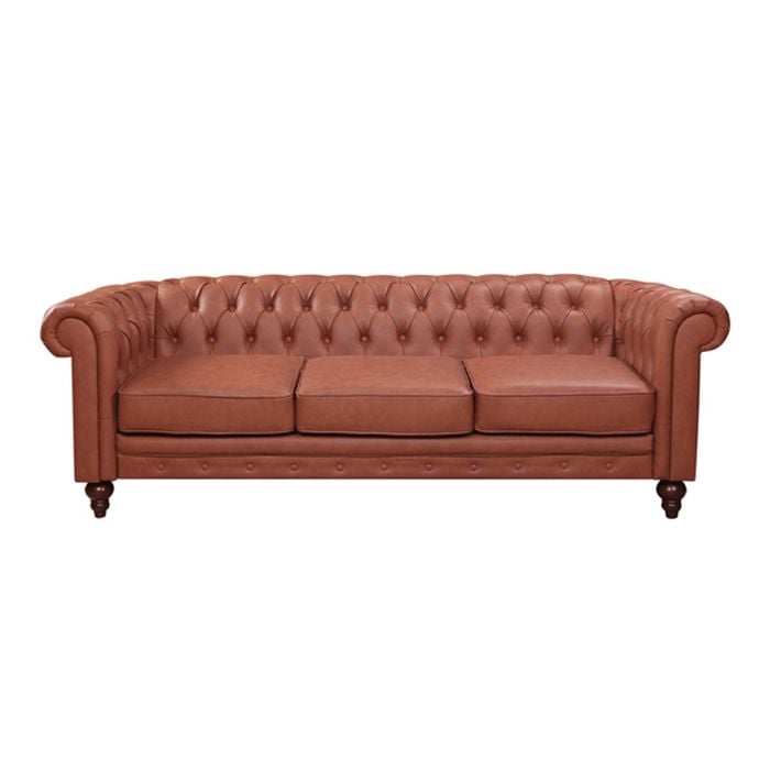3 Seater Brown Sofa Lounge Chesterfield Style Button Tufted in Faux Leather