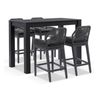 Santorini Outdoor 1.5m Bar Table Charcoal With 4 Hugo Aluminium And Rope Stools & Denim Grey Cushions
