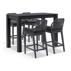 Santorini Outdoor 1.5m Bar Table Charcoal With 4 Hugo Aluminium And Rope Stools & Denim Grey Cushions