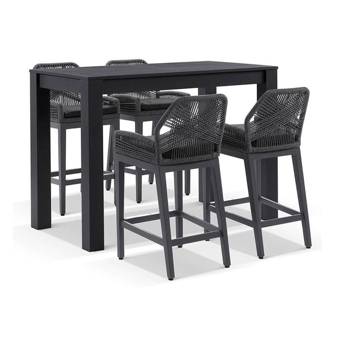 Santorini Outdoor 1.5m Bar Table Charcoal With 4 Hugo Aluminium And Rope Stools & Denim Grey Cushions