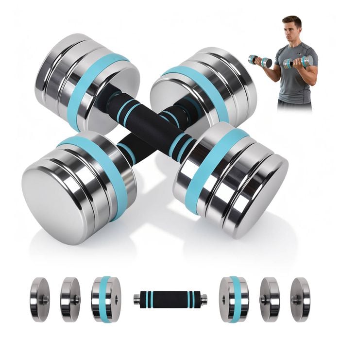 Advwin Adjustable Dumbbells 2×10kg, Compact Chrome Dumbbells with 5 Weight Settings, 1s Quick-Lock, Space-Saving Home Gym