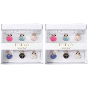 2x 6pc LVD Seashells Alloy Wine Glass Charms Set 13x12cm Multicoloured
