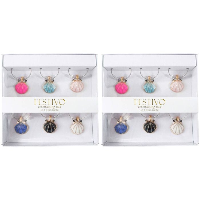 2x 6pc LVD Seashells Alloy Wine Glass Charms Set 13x12cm Multicoloured