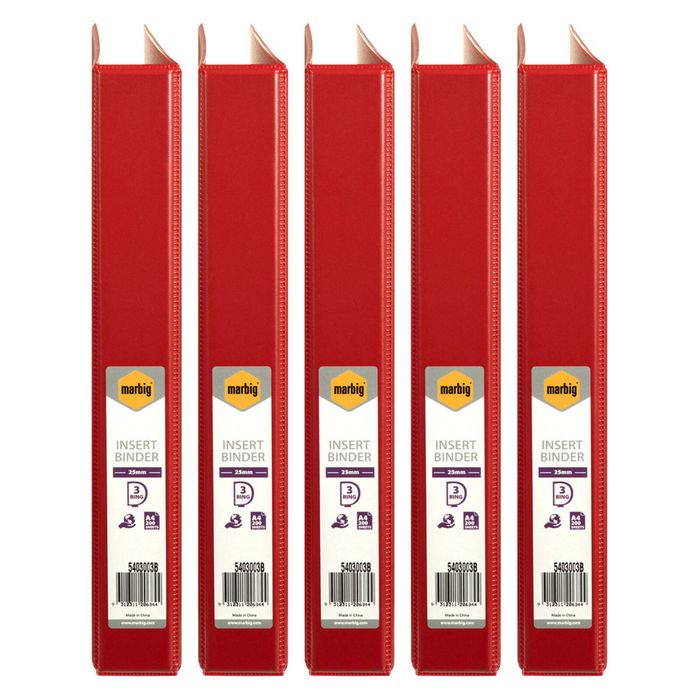 5x Marbig Clearview 3 D-ring Insert Binder A4 File 25mm Document Organiser Red