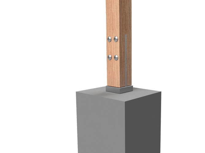 A timber
  post installation using the VUEPRO T-Blade system, featuring PROBOLTS, a
  T-Blade Post Support, and Post Support Cap