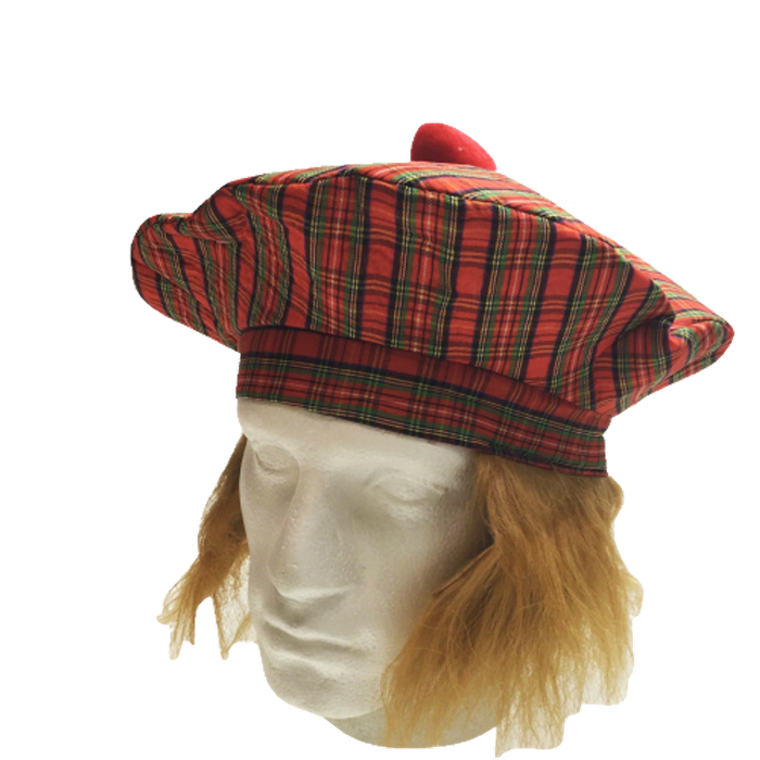 Scottish Hat Tam O'shanter Fancy Dress Costume With Hair Tartan Cap Party