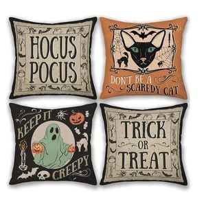 Catzon 4 Pcs Scary Throw Pillow Covers Linen Cushion Case for Decor 45X45cm