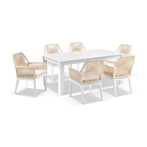 Santorini 1.8m Outdoor Aluminium Dining Table White With 6 Hugo Chairs & Cream Rope/Cream Cushions