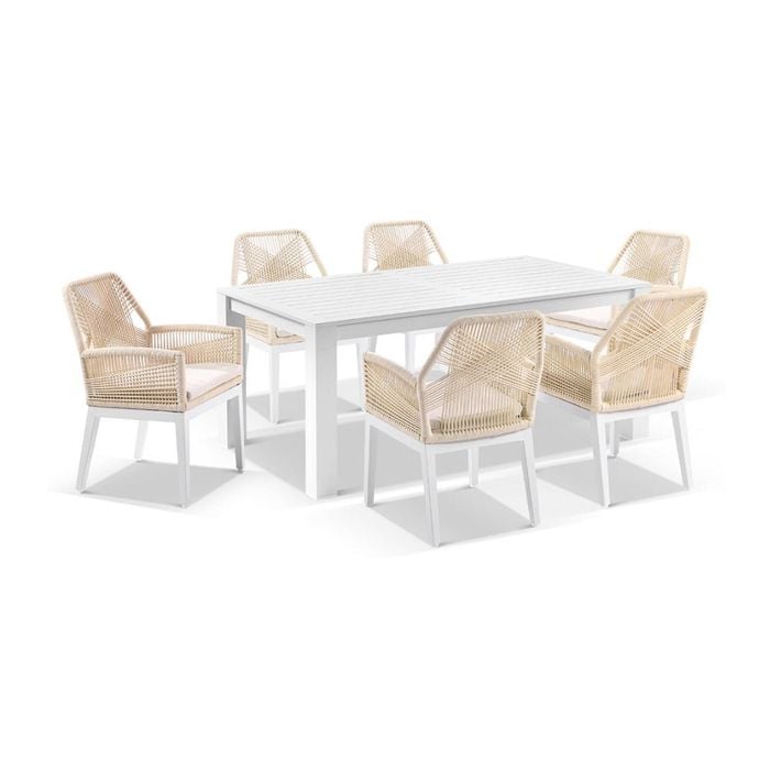 Santorini 1.8m Outdoor Aluminium Dining Table White With 6 Hugo Chairs & Cream Rope/Cream Cushions