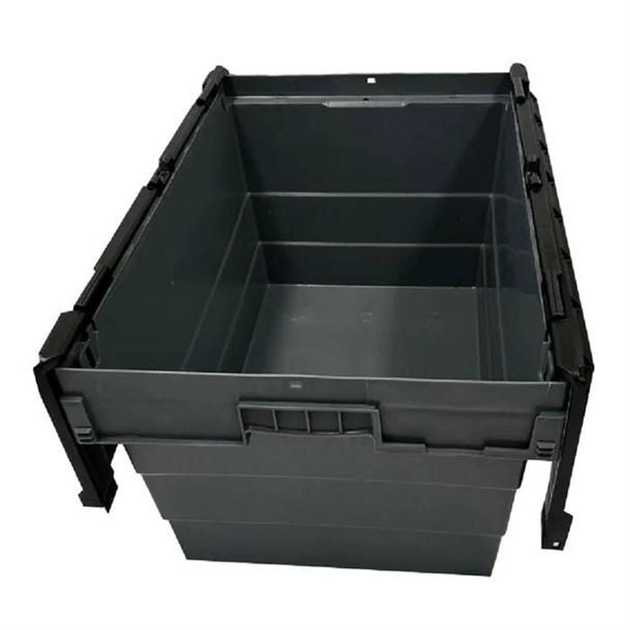 Vogue Plastic Transport Storage Crate Attached Lid 600x400x320mm Heavy Duty Industrial Container