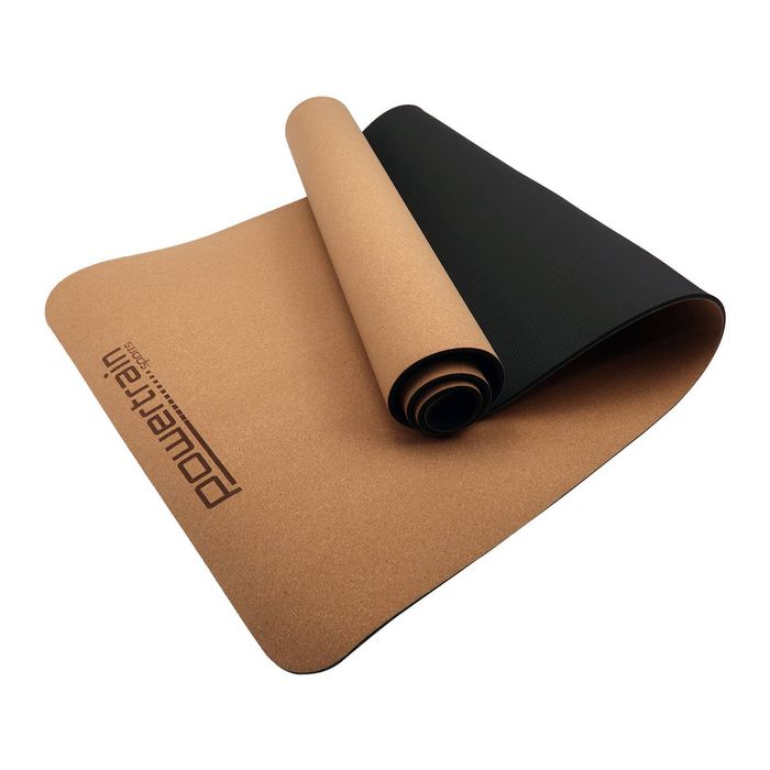 Powertrain Natural Cork Yoga Mat 6mm Thick Non-Slip Double Layer Cushioned Exercise Fitness Pilates with Carry Strap