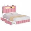 Advwin Queen Upholstered Velvet LED Bed Frame with Hidden Storage Pink